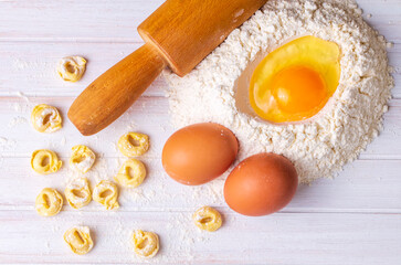 Italian pasta, tortellini with flour and eggs