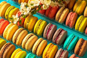 Close-up of macarons cakes of different colors in blue background. Culinary and cooking concept. Tasty colourful macaroons.