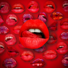 Sensual lips. Sexy tongue licking sensual lips. Lips and mouth. Female lip in red background. Woman lips.