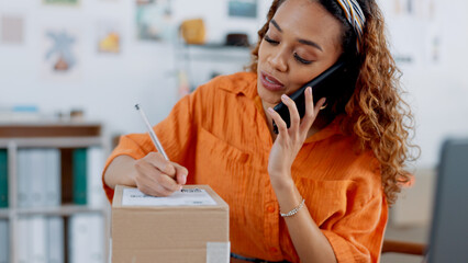 Fashion, phone call and woman with store box for shipping delivery. Small business, logistics and...