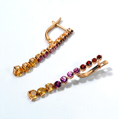 Elegant jewelry set. Jewellery set with gemstones. Jewelry accessories collage. Product still life concept. Ring, necklace and earrings.