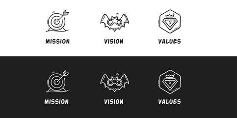 Mission. Vision. Values. Web page template. Modern line icon design black and white concept.