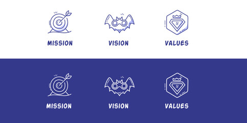 Mission. Vision. Values. Web page template. Modern purple line icon design concept.