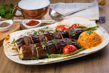 Turkish Kebab eggplant and meatballs. Freshly grilled eggplant Kebabs. Middle eastern cuisine....