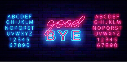 Good bye neon label on brick wall. Glowing lettering. Close sign. Farewell concept. Vector stock illustration