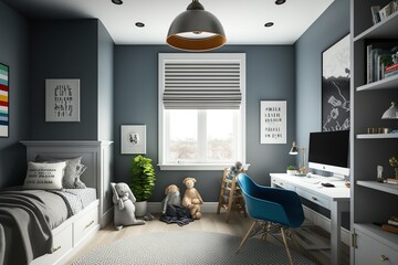 Bright kid's bedroom interior with wooden furniture, Interior Design 3d Illustration Created by Generative AI