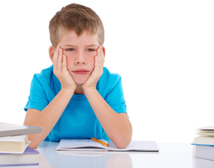 A student boy with a sad and frustrated expression struggles with learning disabilities, burnout, anxiety, and ADHD-induced stress while studying or preparing for tests isolated on a PNG background.