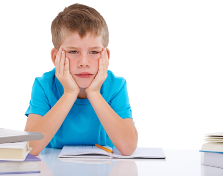 A student boy with a sad and frustrated expression struggles with learning disabilities, burnout, anxiety, and ADHD-induced stress while studying or preparing for tests isolated on a PNG background.