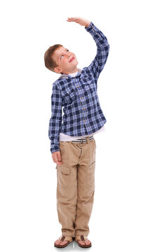 Adorable young children, dressed in casual checkered clothing, measure their height standing against a blank or copy space isolation on a PNG background.