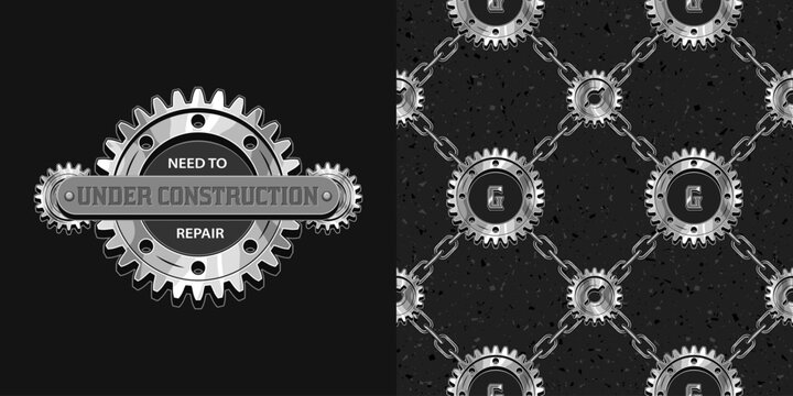 Set of pattern, logo with silver steel gears, rivets, text in steampunk style. Pattern with classic square grid of rough steel chains. For T-shirt, clothing, fabric, surface design