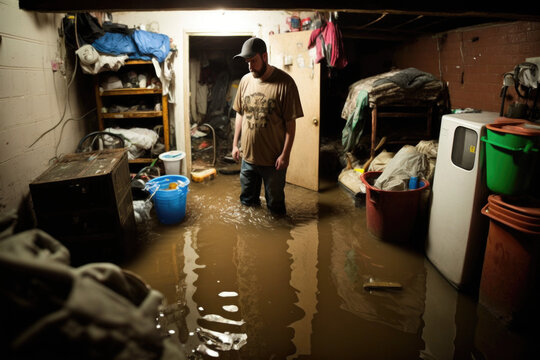 From Crisis to Restoration: The Journey of a man inside a Flooded Basement - AI Generative