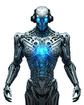 A humanoid robot with a metallic silver body on transparent background. PNG. Generative AI.