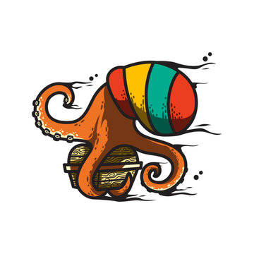 The rasta octopus carries a treasure chest with its tentacles