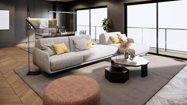 Modern interior design of elegant apartment, living room with gray sofa and kitchen area 3d animation rendering