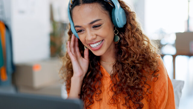 Video Call, Laptop And Woman In Fashion Business Talking, With A Smile And Headphones In An Office At Work. Funny Business Owner In Communication On A Creative Webinar With Tech At A Small Business