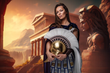 Fototapeta na wymiar Shot of female greek general dressed in cloak and tunic against ancient building.
