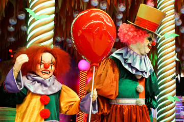 Two clown dolls scare passers-by. Halloween. High quality photo