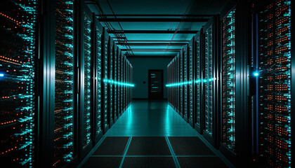 Data Center, Rows of metallic racks with blinking lights and humming servers, surrounded by walls of glass panels that reflect the endless rows, Generative AI