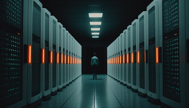 Data Center, A vast room filled with sleek, futuristic pods that glow with a soft white light Generative AI