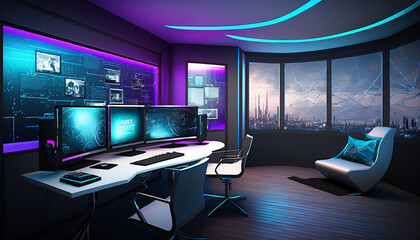Futuristic office room with floor-to-ceiling windows, a sleek curved desk, and holographic displays Generative AI