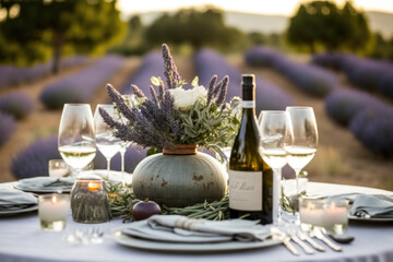 Stunning table arrangement featuring a bunch of grapes, a bottle of wine, and a wine glass is displayed against a breathtaking backdrop of lavender fields and rolling Provence vineyards AI Generative