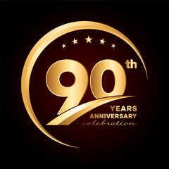 90th Anniversary logo design with golden ring and text concept. Logo Vector Template Illustration