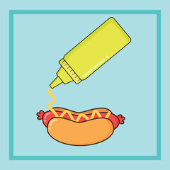 pouring mustard mayonnaise sauce to hotdog sandwich vector illustration