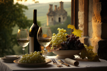 Table arrangement with cluster of grapes, a wine bottle, and a wine glass. backdrop of historic chateaux and rolling vineyards in the Loire Valley wine region of France, UNESCO World AI Generative