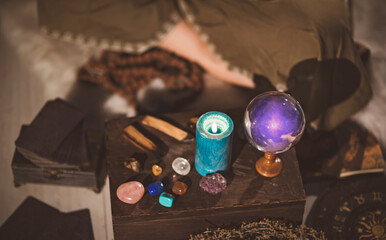 Energy therapy, magic of candles and other attributes, herbs and flowers, Wicca rituals and esoteric concept