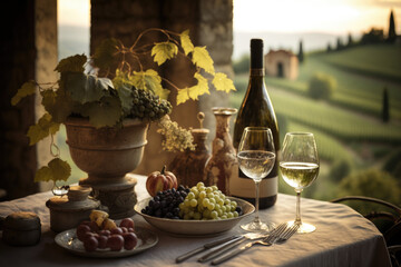 A table arrangement featuring a cluster of grapes, a wine bottle, and a wine glass. backdrop of rolling hills and vineyards in the Piedmont wine region Italy, UNESCO World Heritage site AI Generative