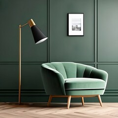 Bright modern living room interior with green armchair and decoration room on empty dark green wall
