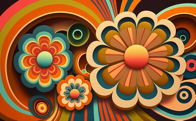 Colorful ‘70s Retro Style poster art with flowers, and psychedelic wavy shapes, colors in orange, pale blue, yellow and greens. Background texture. Illustrative Generative AI. 
