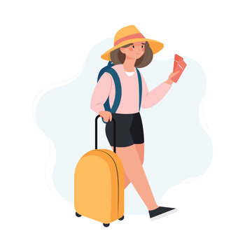 Young Woman with a yellow suitcase goes on vacation. Girl with a luggage and boarding pass tickets. Travel concept, flat vector illustration
