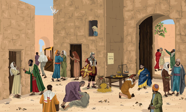 Zacchaeus the chief tax collector in Jericho.  Biblical illustration depicting Luke 19:1-10.