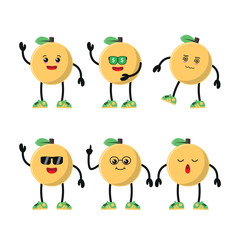 Cute happy orange character different pose activity. funny Fruit different face expression vector illustration set.