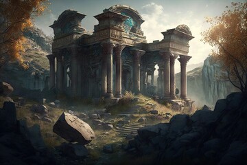 Grand Palaces of Ancient Ruins Hidden Amongst Rolling Hills Generative AI