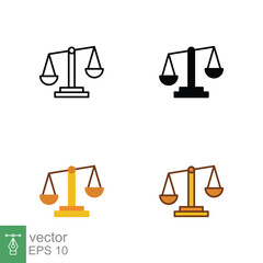 Scales icon on different style. Outline, solid, flat, filled outline. Libra, balance, comparison, compare, legal, law, justice concept. Vector illustration isolated on white background. EPS 10.