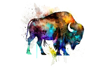 bison is drawn with multi-colored watercolors isolated on a white background. Generated by AI