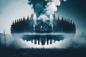 Smoke from an industrial plant obscures a verdant forest in this dual exposure photo. Climate change due to global warming. Generative AI
