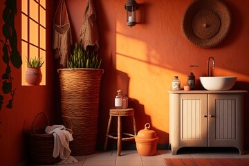 The bathroom is decorated in the local style with an orange wall and a rattan light on the floor next to a terracotta jar containing dried reed flowers. Generative AI