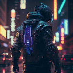 Fototapeta na wymiar Cyberpunk man portrait futuristic neon style