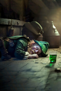AI illustration of leprechaun sleeping on the floor of a tavern. Saint Patrick's Day celebration
