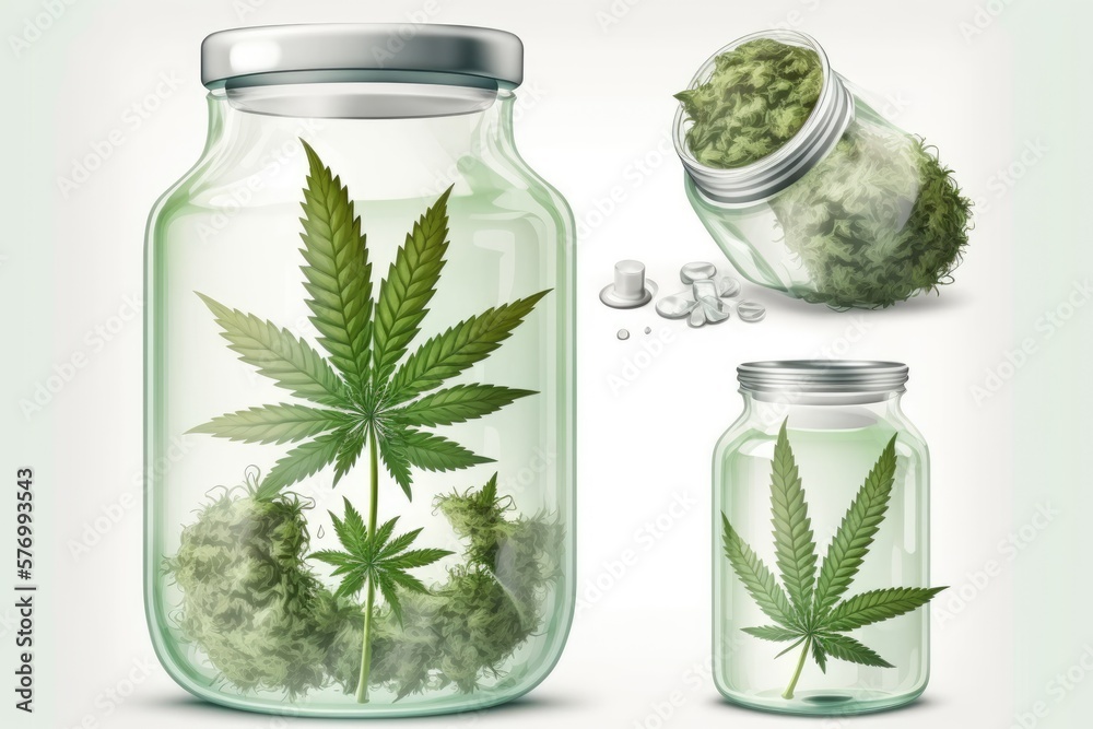 Poster Glass jar filled with marijuana and cannabis. Generative AI