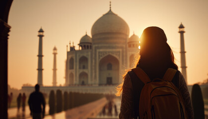 A Tourist's View of the Breathtaking Taj Mahal: Witnessing the Symbol of Love and Romance,  India's Cultural Landmark AI Generative