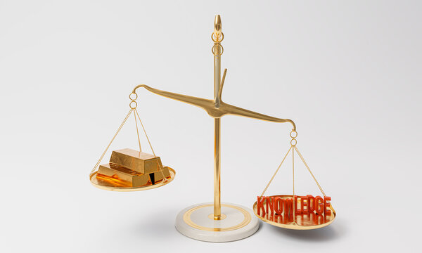 Knowledge is worth more than gold" - Concept: 3D Illustration of knowledge outweighing gold bars on a weighing scale