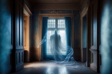 a ghost in an old mansion in front of the window, great for novel covers - ai-generated - obrazy, fototapety, plakaty