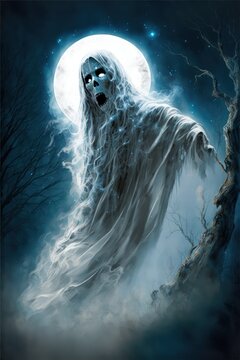 an evil spooky wraith at night in front of the moon - ai-generated