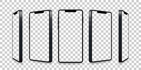 Smartphone mockup collection. Realistic models smartphone with transparent screen. Device front view. 3D mobile phone with shadow. Vector illustration isolated on transparent background. EPS 10