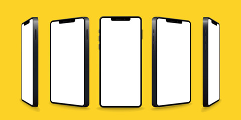 Smartphone mockup collection. Realistic models smartphone with white screen. Device front view. 3D mobile phone with shadow. Vector illustration isolated on yellow background. EPS 10