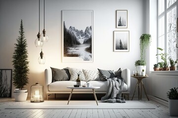 A contemporary home with a sofa and a table light. example of scandinavian interior design. Generative AI